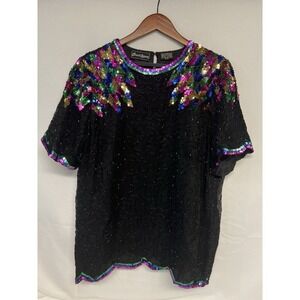 Vintage Pure Silk Sequin Flowy Top Blouse Shirt Multi‎ Black SZ A-8